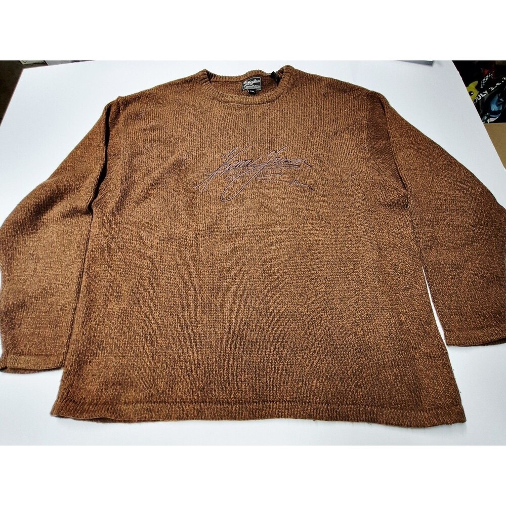 Vintage 90s Karl Kani Jeans Sweater XXL Brown Knit Embroidered Logo Hip Hop Y2K